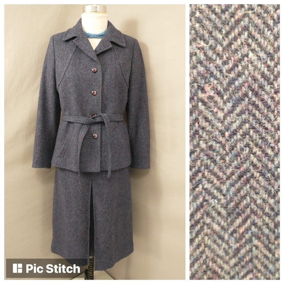 Irish Tweed Blue Herringbone Suit by Henry White of Dublin Skirt & Blazer Jacket